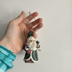 Vintage 90s Ceramic Santa St Nicholas Ornament Christmas Holiday Green